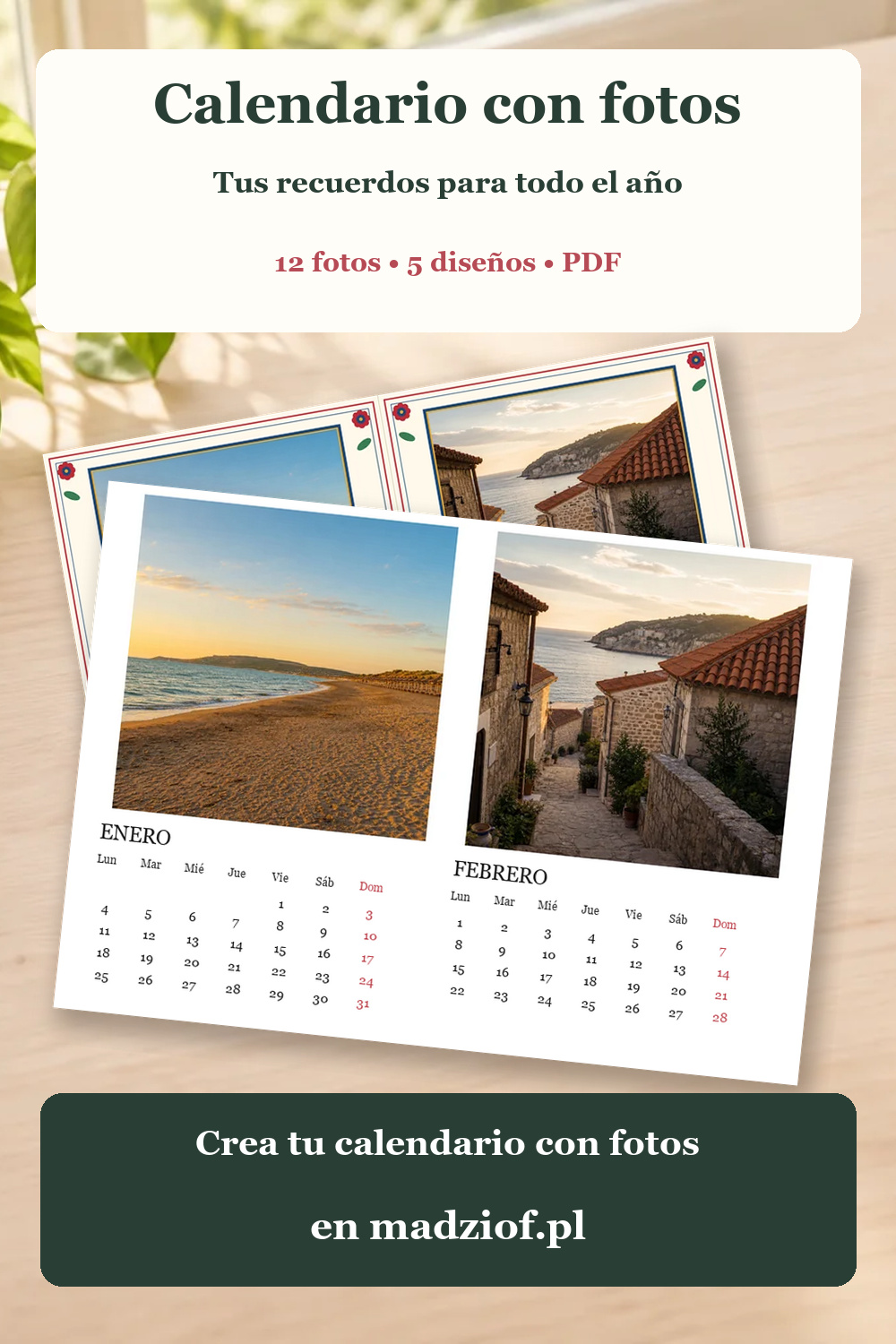 Crea un calendario con 12 fotos tuyas. Elige entre cinco diseños y descarga un PDF para imprimir.