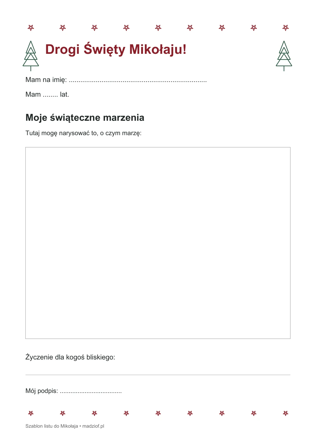 List do Mikołaja do druku z dużym miejscem na rysunek dziecka