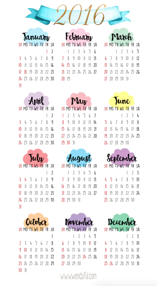 Darmowe kalendarze na 2016 rok do pobrania i wydrukowania kolorowe