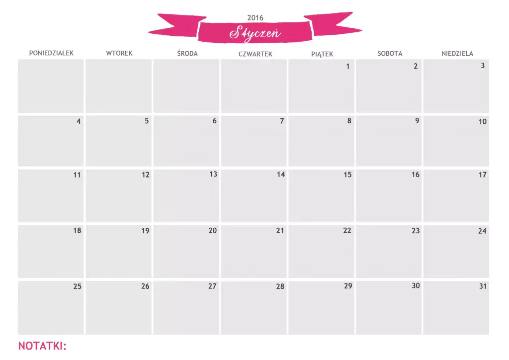 Darmowe kalendarze na 2016 rok do pobrania i wydrukowania polskie