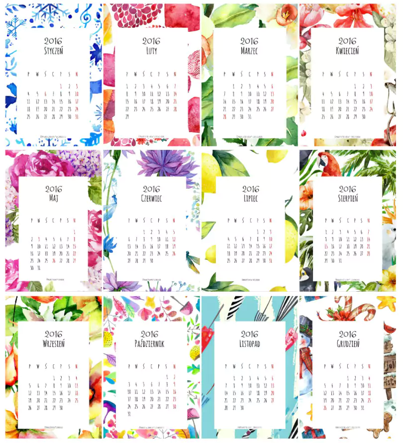Darmowe kalendarze na 2016 rok do pobrania i wydrukowania polskie