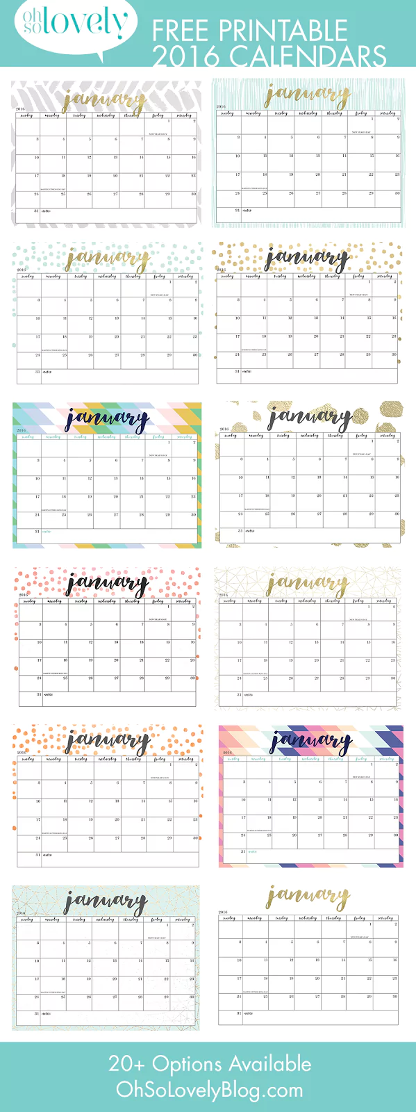 Darmowe kalendarze na 2016 rok do pobrania i wydrukowania zestaw