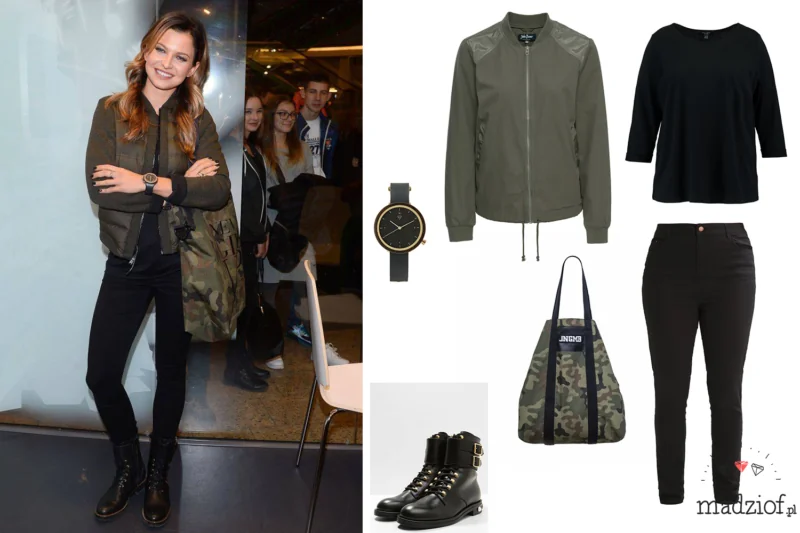 ubierz sie jak gwiazda anna lewandowska stylizacja plus size kurtka bomberka czarne spodnie torba moro ubierz sie jak gwiazda anna lewandowska stylizacja plus size kurtka bomberka czarne spodnie torba moro