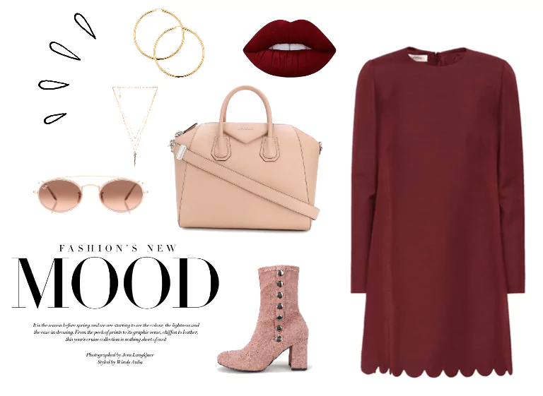 jaki kolor dodatkow wybrac do bordowej sukienki pudrowy roz