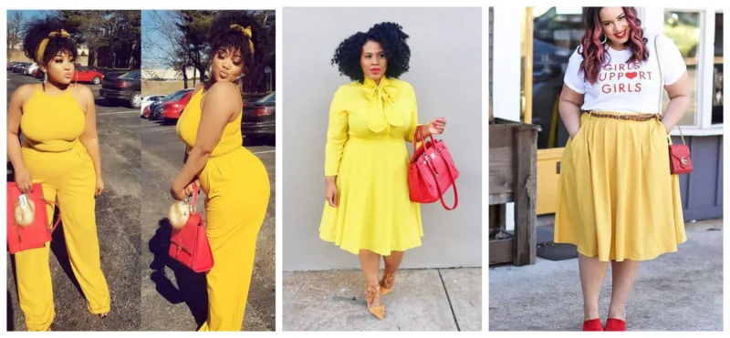 jaki kolor dodatkow do zoltej sukienki stylizacja plus size 