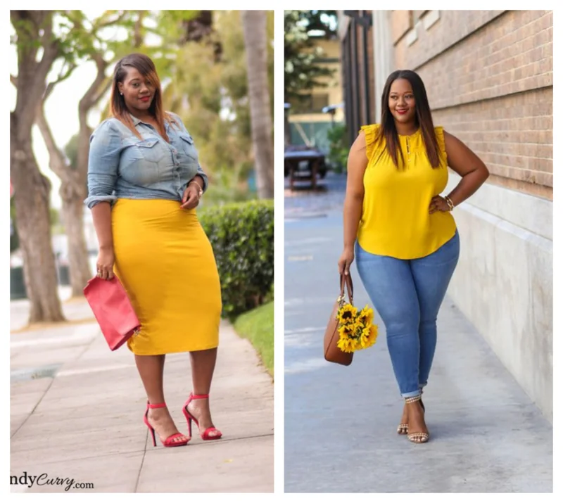 jaki kolor dodatkow do zoltej sukienki stylizacja plus size 