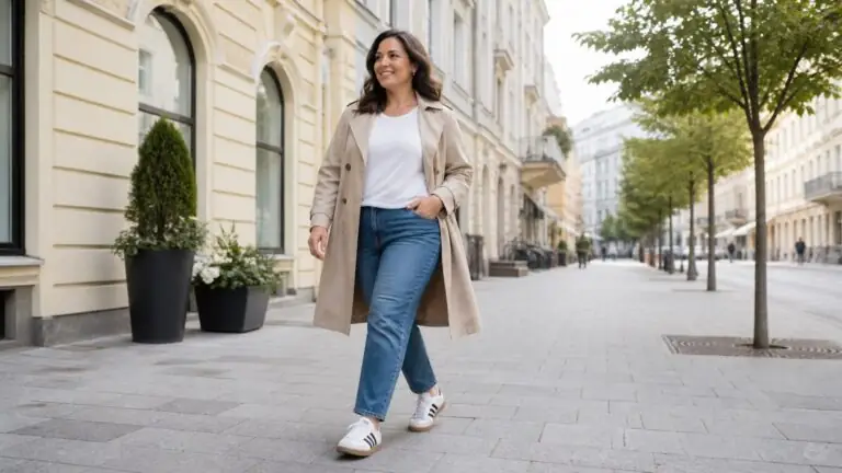 Kobieta w jeansach, trenczu i biało-czarnych sneakersach w stylu adidas Samba