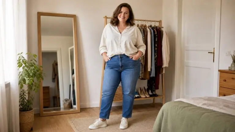Kobieta plus size w dobrze dopasowanych jeansach z prostą nogawką
