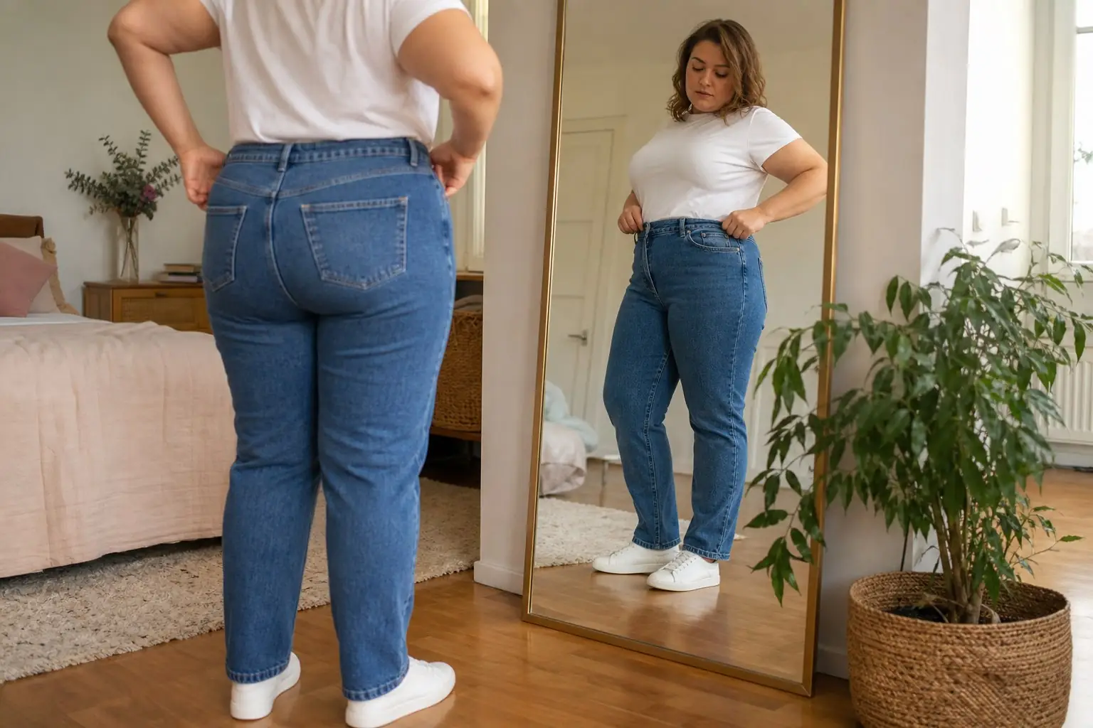 Kobieta plus size sprawdza dopasowanie jeansów w pasie i biodrach przed lustrem