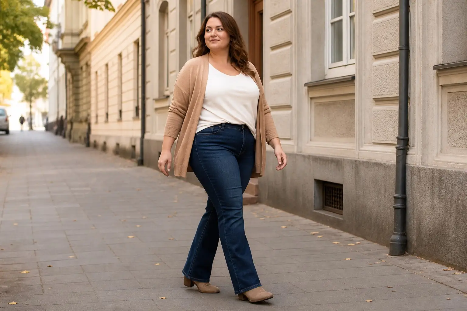 Kobieta plus size w ciemnych jeansach bootcut i codziennej stylizacji