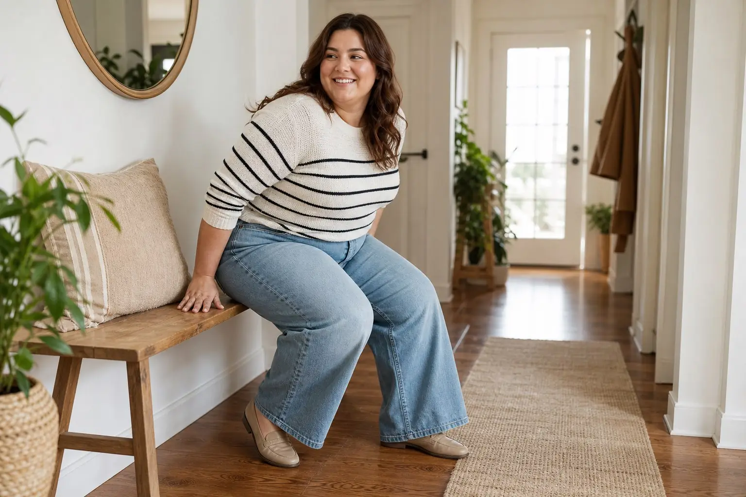 Kobieta plus size w jasnych jeansach wide leg i wygodnym swetrze