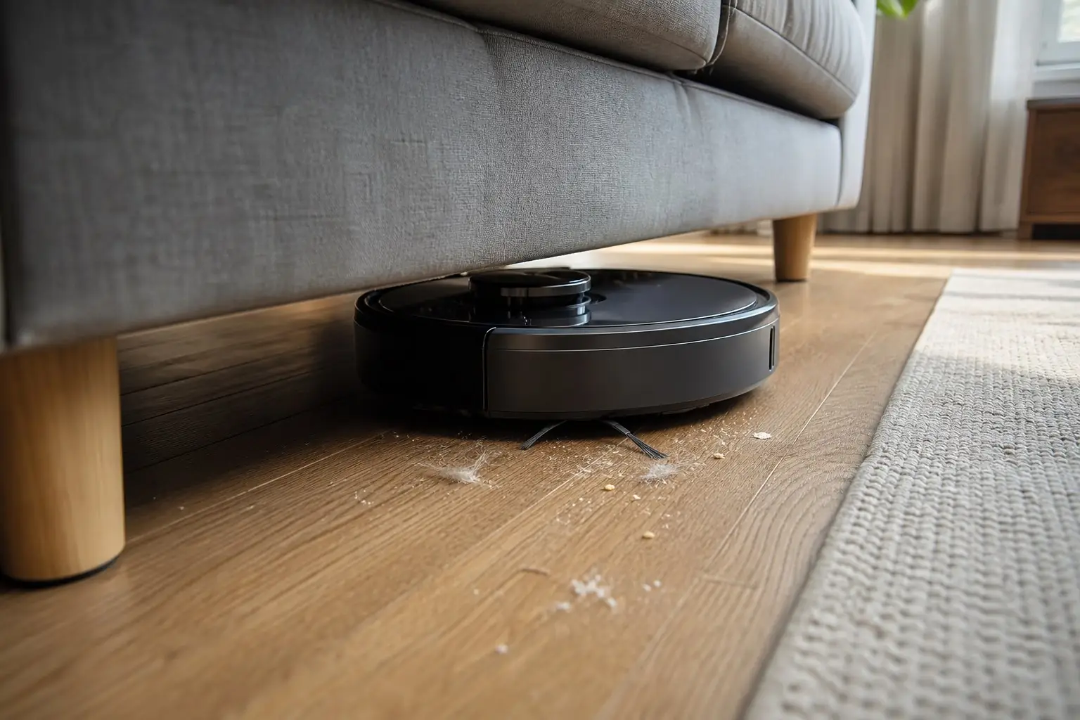 Robot sprzątający zbiera okruszki i sierść spod kanapy