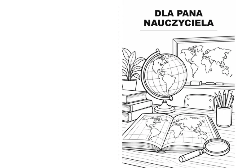 Składana kartka dla nauczyciela z globusem, atlasem i tablicą