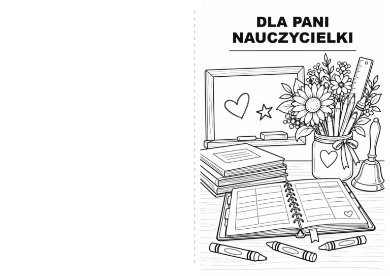 Składana kartka dla nauczycielki z kwiatami, tablicą i szkolnymi przyborami