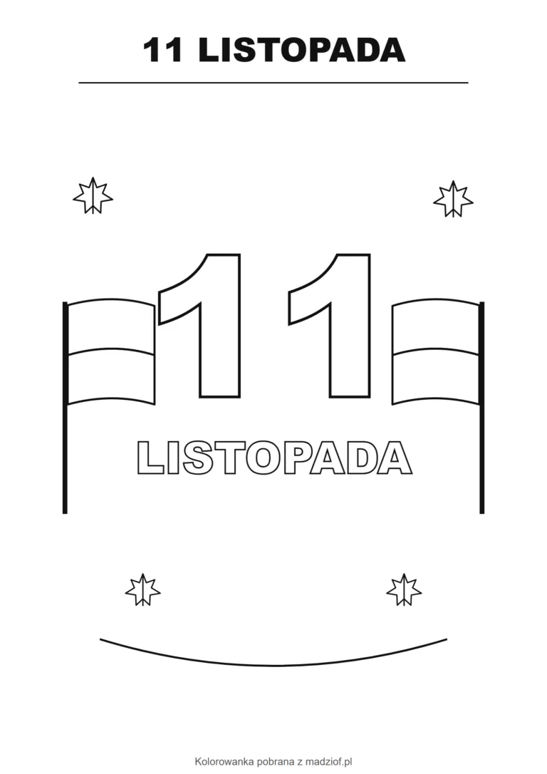 Plakat 11 listopada do kolorowania z dużą datą i polskimi flagami