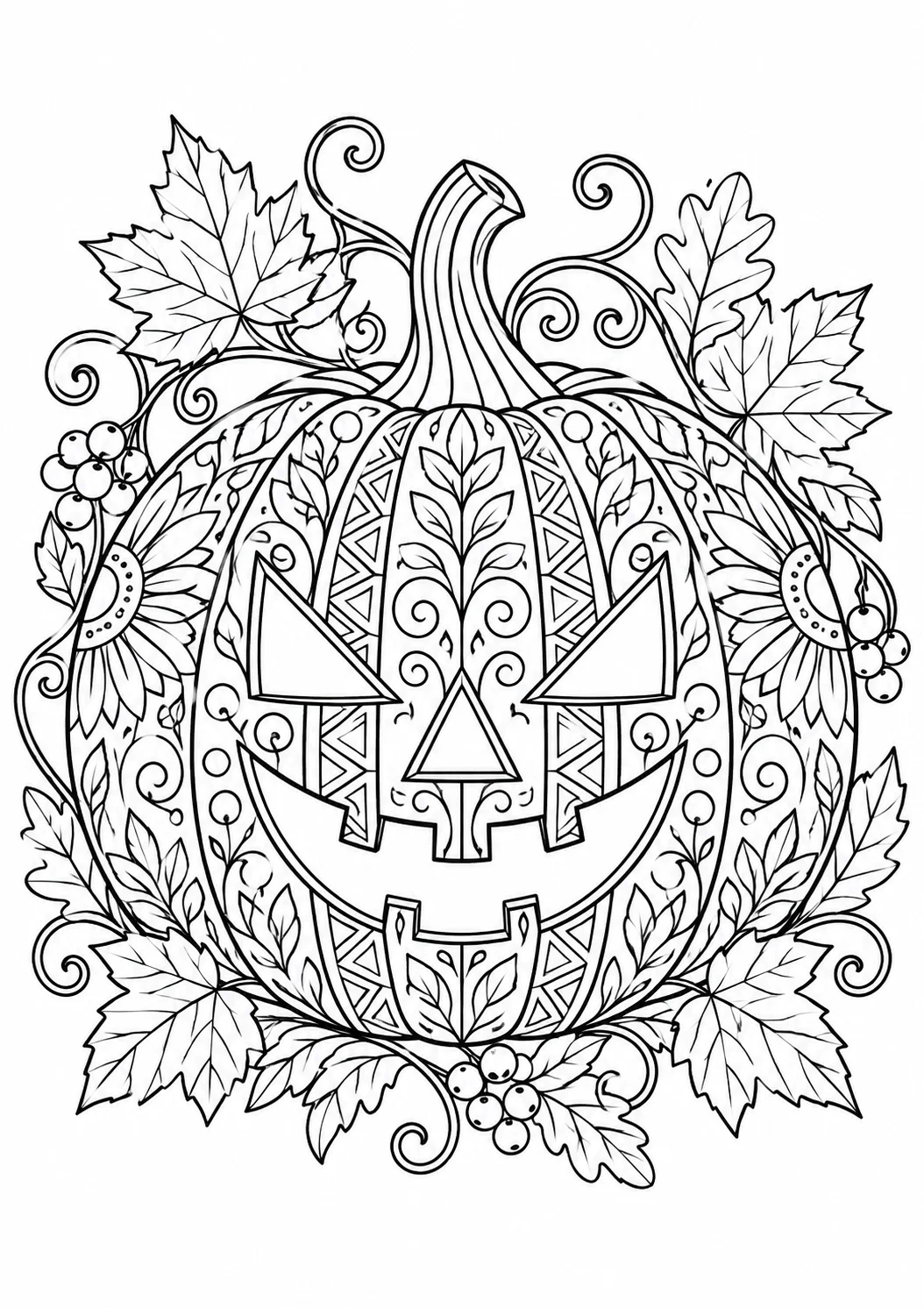 Kolorowanka Halloween dla dorosłych: dynia z ornamentami, liśćmi i pnączami