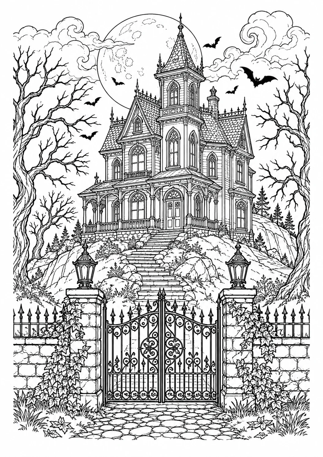Kolorowanka Halloween dla dorosłych z nawiedzonym domem, bramą, drzewami i nietoperzami