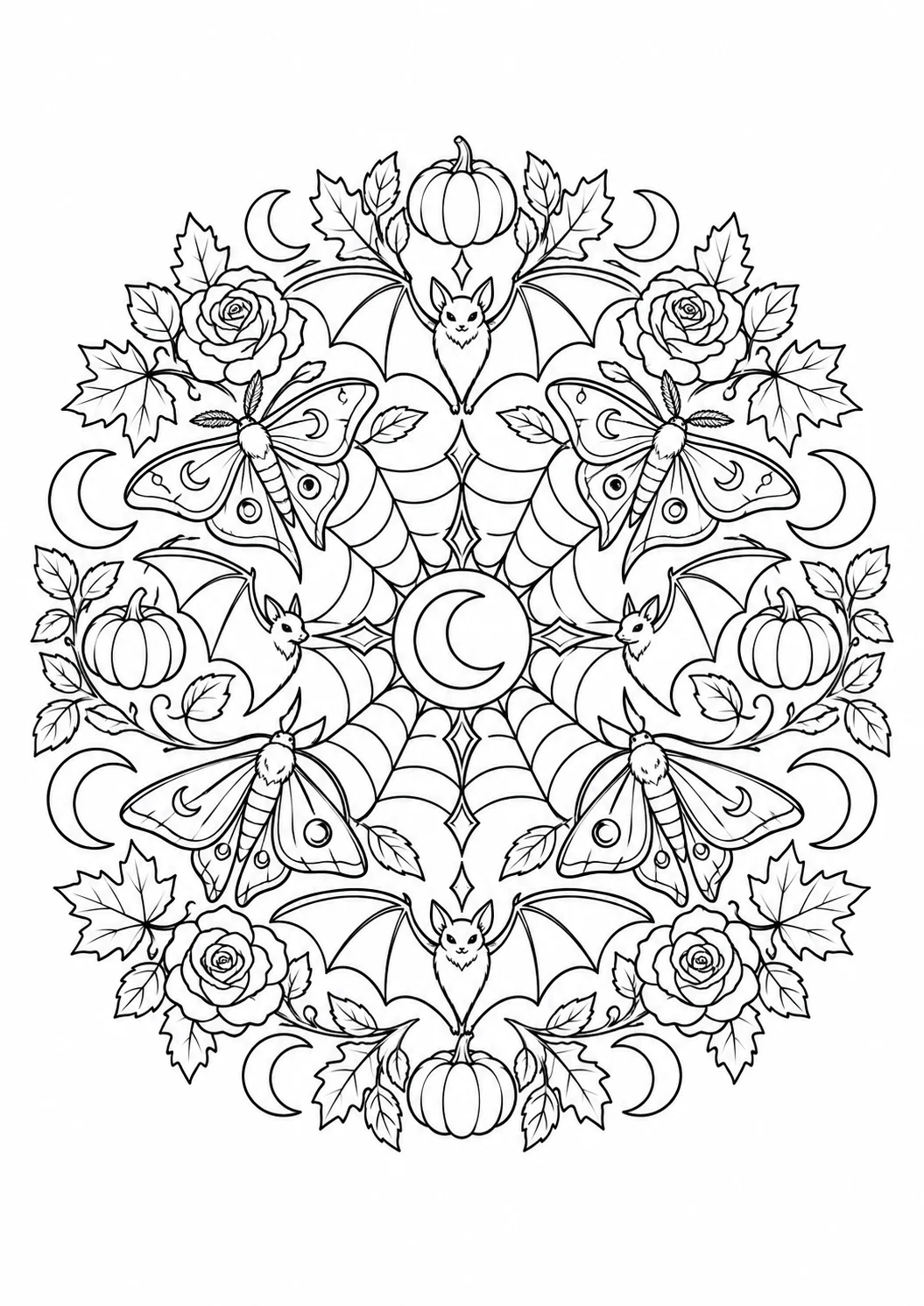 Halloweenowa mandala do druku z nietoperzami, ćmami, różami i dyniami