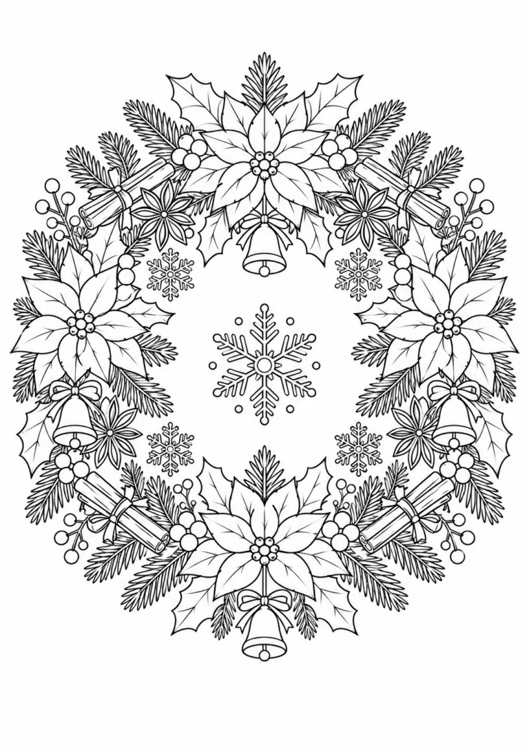 Świąteczna mandala do druku z wieńcem, gwiazdą betlejemską i dzwonkami