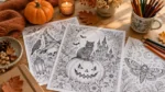 Wydrukowane kolorowanki Halloween dla dorosłych, kredki i mała dynia na stole