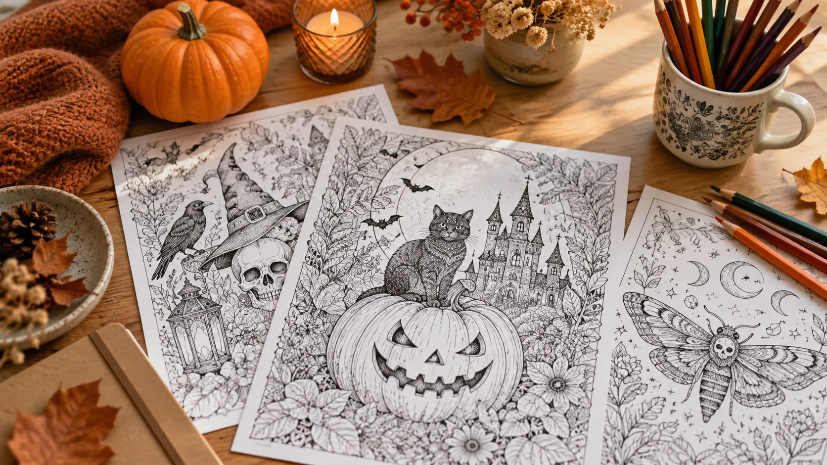 Wydrukowane kolorowanki Halloween dla dorosłych, kredki i mała dynia na stole