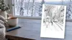 Zimowa kolorowanka z tramwajem z tego wpisu na tle ośnieżonego widoku za oknem