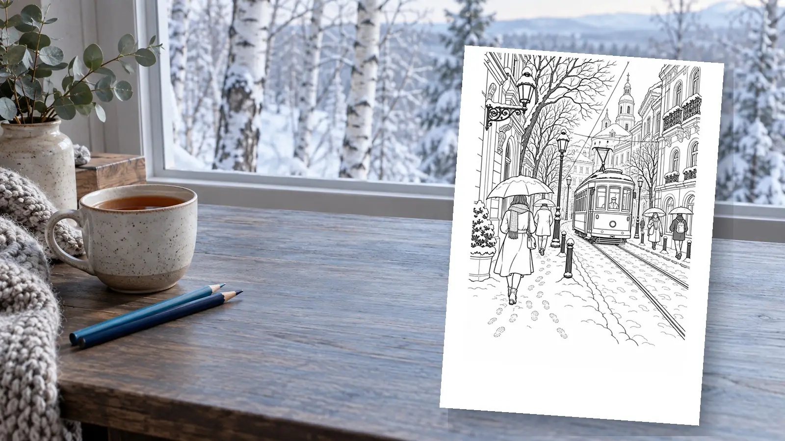 Zimowa kolorowanka z tramwajem z tego wpisu na tle ośnieżonego widoku za oknem