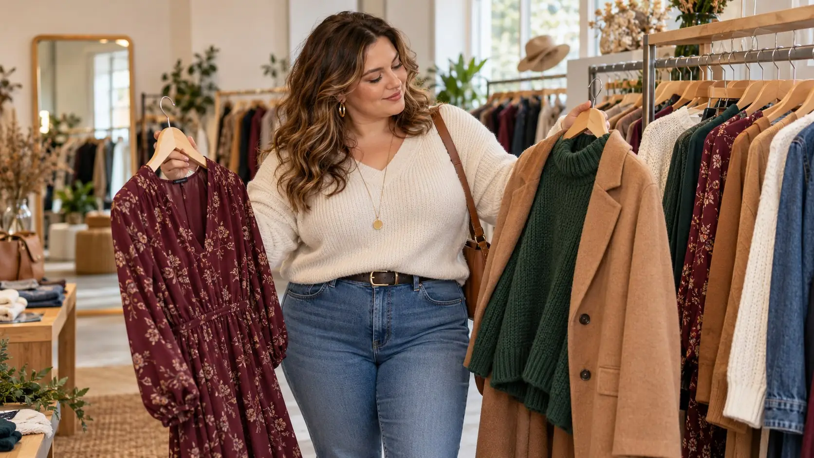 Kobieta wybierająca modne ubrania plus size w sklepie