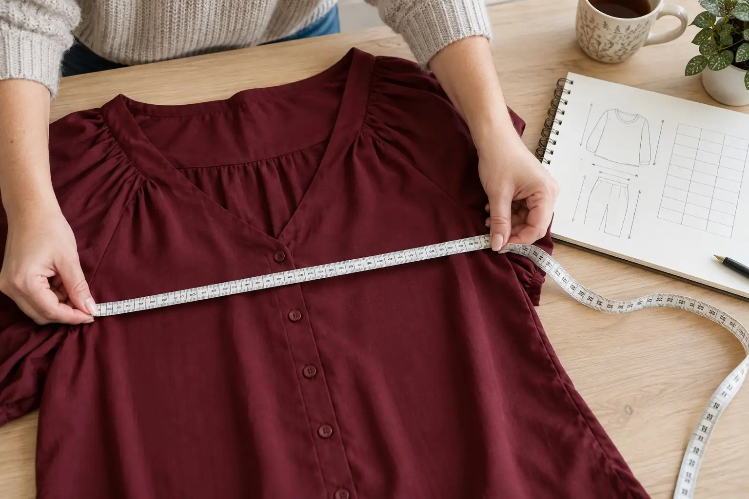 Mierzenie bordowej bluzki przed zakupem ubrania plus size