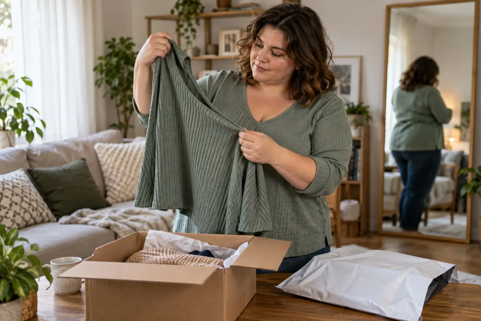 Kobieta sprawdzająca ubranie plus size zamówione przez internet